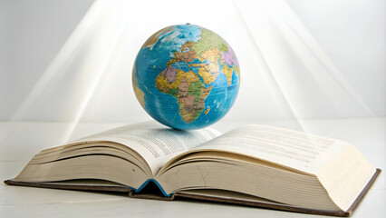 open book with a globe floating above it, symbolizing global knowledge, education,An Illuminated Globe Floating Above an Open Book on a Minimalist Background, Representing Global Knowledge and Educati