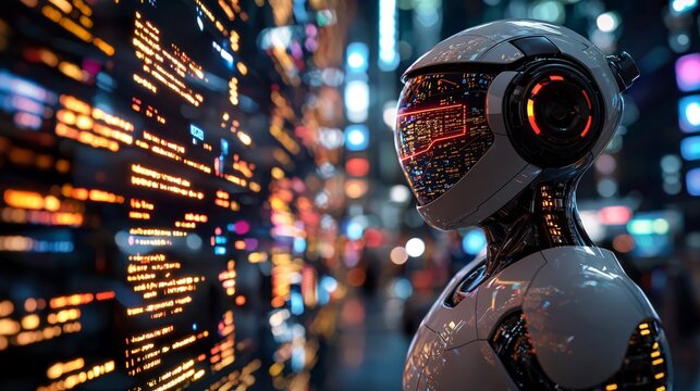A futuristic AI robot optimizing trades by backtesting historical market trends Stock Photo with side copy space