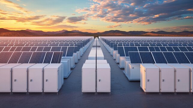 sustainability concept. Vast solar farm at sunset with solar panels and storage units.