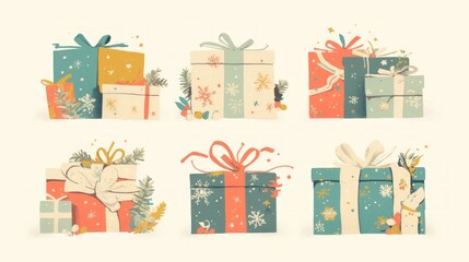A collection of colorful gift boxes adorned with ribbons and festive decorations.
