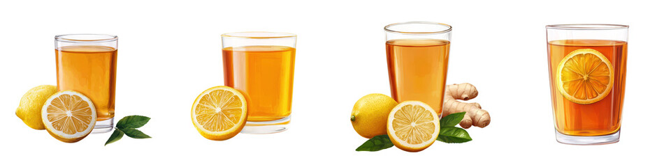 Fototapeta premium Ginger tea with lemon slice in transparent glass on a white background Healthy hot aromatic drink wellness and nutrition concept Flat lay top view with copy space