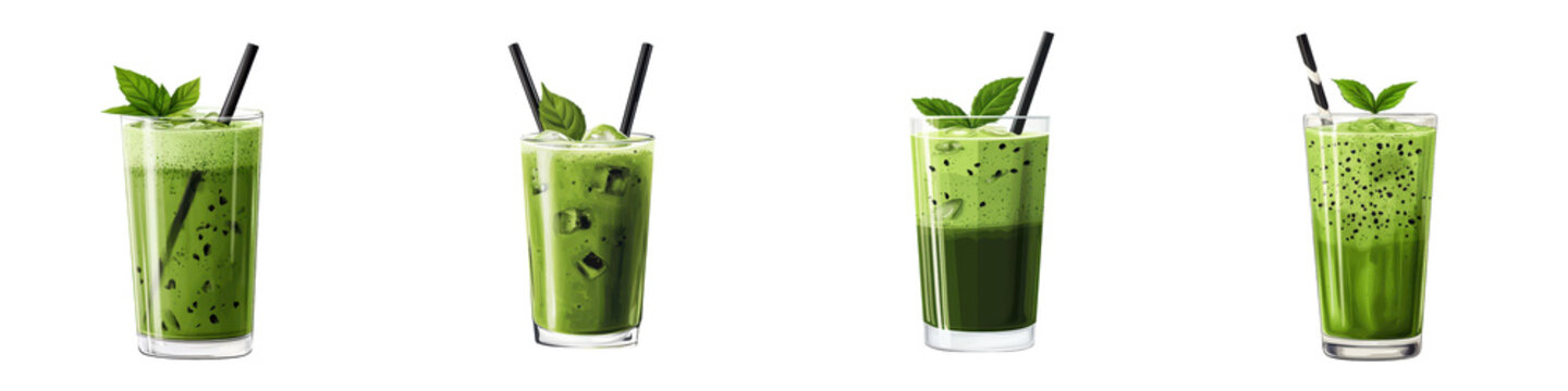 Refreshing and healthy iced matcha latte drink with a vibrant green color foamy texture and fresh tea leaves