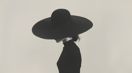 A minimalist, monochromatic side profile of a figure wearing an oversized, wide-brimmed black hat, enigmatic aura,  sleek and elegant lines