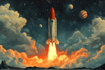 Art deco rocket launching into space with planets and clouds