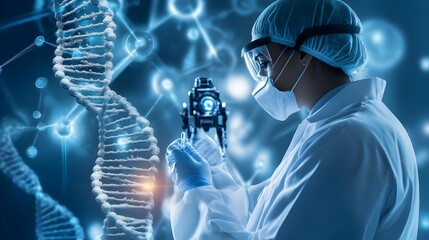 A scientist examines a robotic device amidst a backdrop of DNA strands and molecular structures.