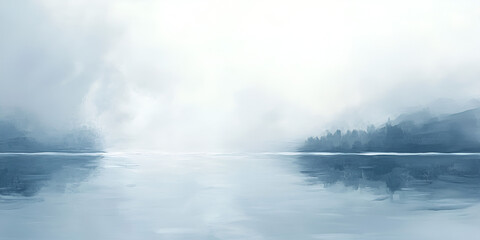 Misty Lake Serenity: A tranquil scene of a serene lake enveloped in a mystical fog, with dark silhouettes of evergreen trees reflected in the still water.