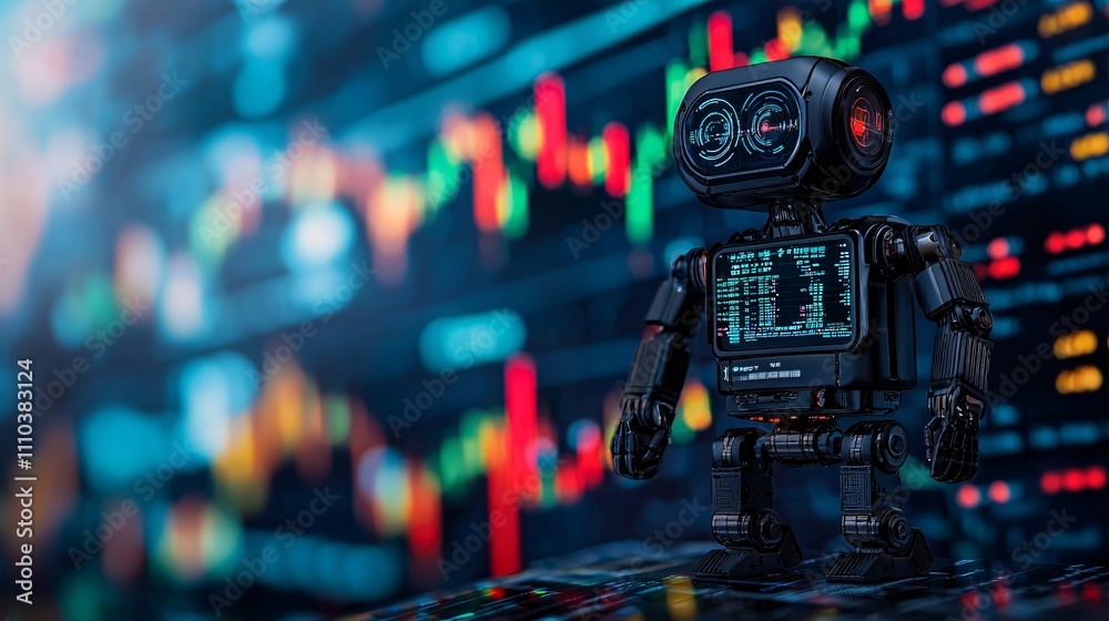 Aufkleber an innovative quantum computing-powered robot analyzing financial markets for trading opportunities 