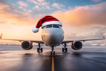 Photo of an airplane with a santa hat on the airport.