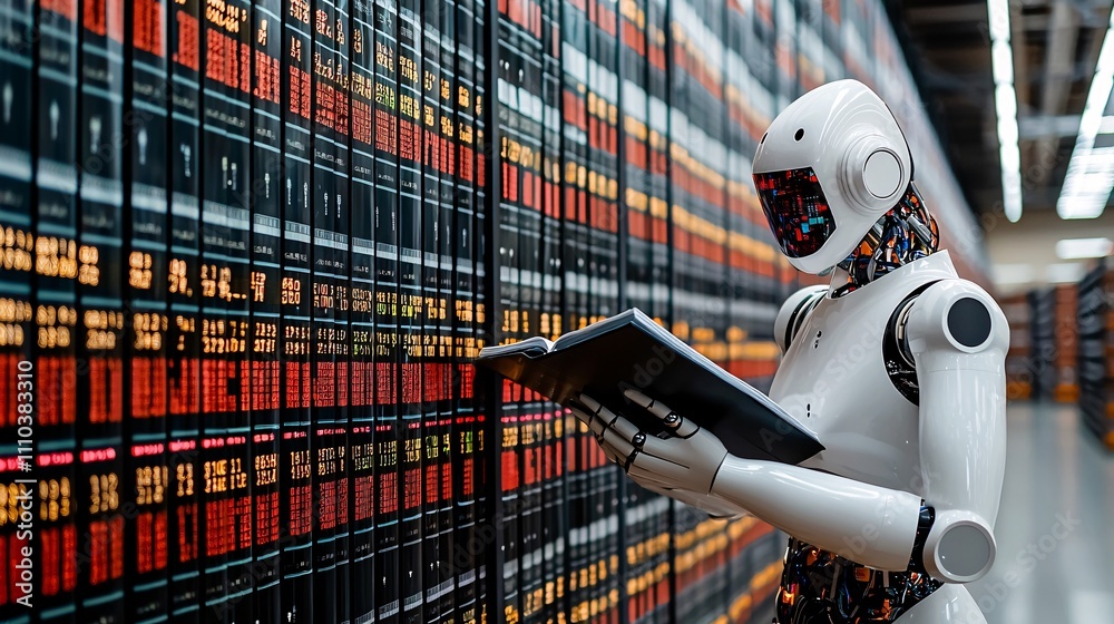 Aufkleber An innovative quantum computing-powered robot analyzing financial markets for trading opportunities Stock Photo with side copy space