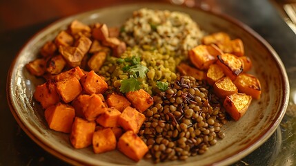 Fototapeta premium A wholesome plant-based meal with lentils, roasted sweet potatoes, and a side of wild rice, arranged on a ceramic plate 