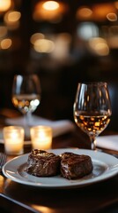 Romantic Dinner for Two Cozy Restaurant Food Photography Intimate Setting Close-up Valentine’s Medium Rare Steak and Wine