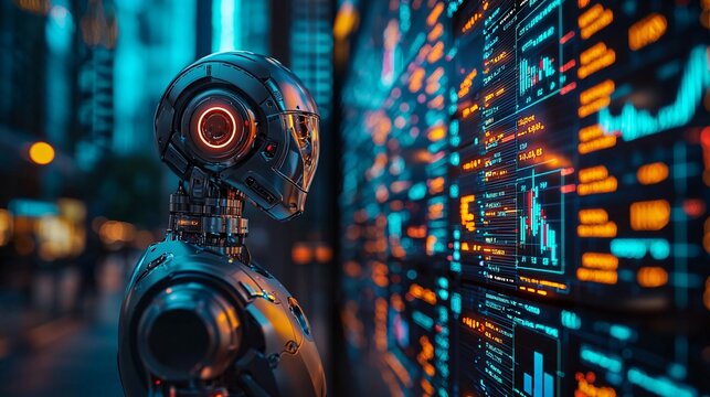 An advanced trading platform featuring robots for automated decision-making and adaptability Stock Photo with side copy space