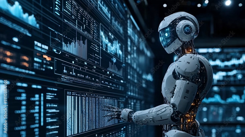 Poster a high-tech robotic assistant running optimization models for financial backtesting stock photo with