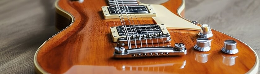 Close-up of an electric guitar showcasing its polished wood finish, pickups, and hardware, emphasizing craftsmanship and design.