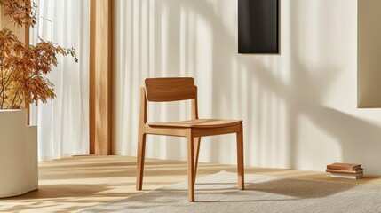 A wooden chair in a serene, minimalist space with natural light and soft textures, enhancing a cozy atmosphere.