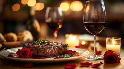 Romantic Steak Dinner for Two Cozy Dining Room Culinary Experience Intimate Atmosphere Candlelit Setting Valentine&rsquo;s Day Special