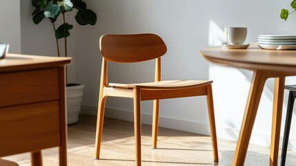 A warm and minimalistic interior featuring a wooden chair, a round table with dishes, and a potted plant, illuminated by natural light.