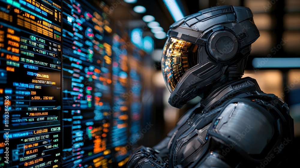 Poster A robot conducting comprehensive market simulations to refine trading strategies Stock Photo with side copy space