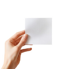 Obraz premium Hand holding a blank white card against a transparent background. Mockup template for greeting cards and invitations.