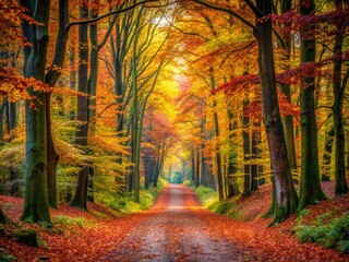 Serene Forest Path Covered in Colorful Leaves: A Tranquil Journey Through Nature's Beauty with Autumn Hues and Soft Lighting for a Peaceful Escape in the Woods