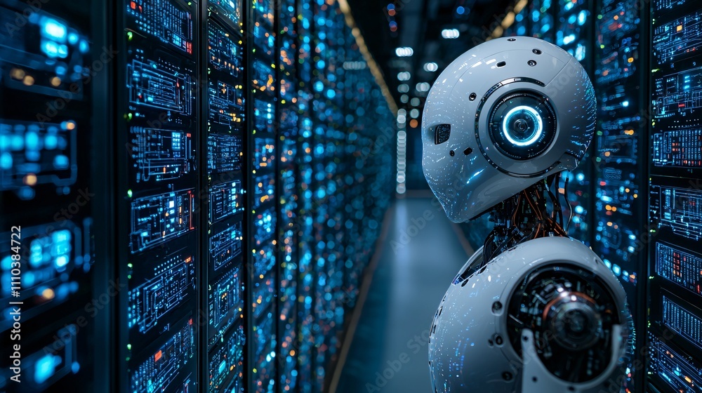 Aufkleber A robotic trading assistant connected to custom APIs for advanced market operations Stock Photo with side copy space