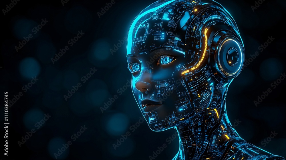 Aufkleber A robotic trading assistant connected to custom APIs for advanced market operations Stock Photo with side copy space