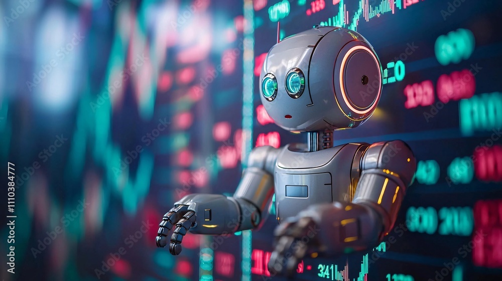 Aufkleber A trading robot performing real-time portfolio adjustments with risk mitigation tools Stock Photo with side copy space