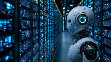 A robotic trading assistant connected to custom APIs for advanced market operations Stock Photo with side copy space