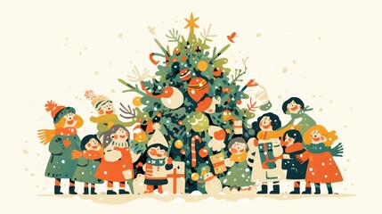 Fototapeta premium A festive gathering of children and adults around a decorated Christmas tree in a snowy setting.