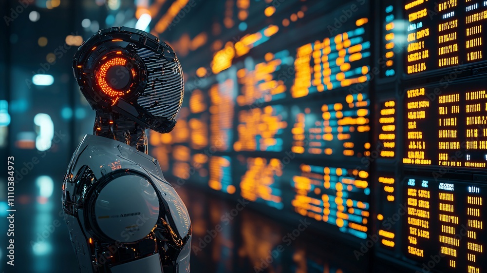 Poster A robotic system using AI to balance risk and reward in dynamic portfolio management Stock Photo with side copy space