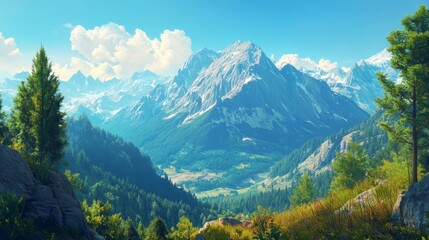 Fototapeta premium Mountain landscape with a clear blue sky, photorealistic style, emphasizing the sharp details and vibrant colors. 
