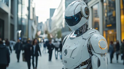 Fototapeta premium A trading robot performing real-time portfolio adjustments with risk mitigation tools Stock Photo with side copy space