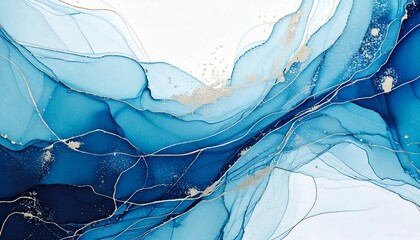 高級感のある大理石風背景イラスト マーブル模様アルコールインクアート 水色 ゴールド 素材 AI生成素材