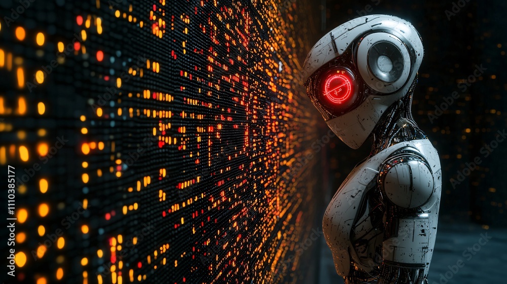 Aufkleber A quantum computing robot processing market data to identify groundbreaking trading patterns Stock Photo with side copy space