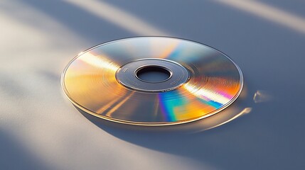 Close-up of a shiny CD reflecting light. 