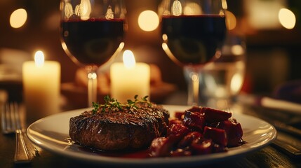 Romantic Steak Dinner and Wine Cozy Restaurant Food Photography Candlelit Atmosphere Closeup View Valentine's Delight