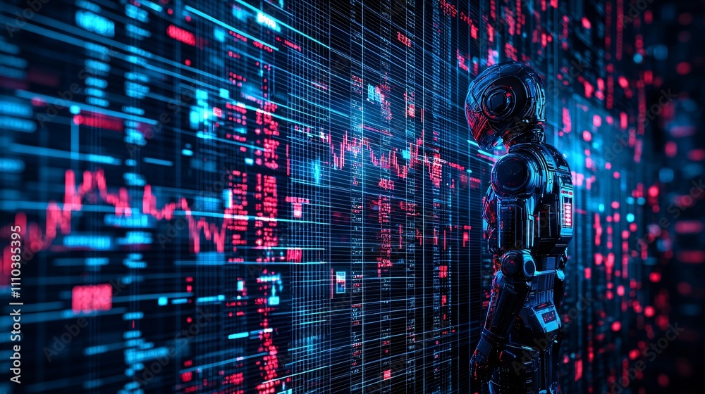 Aufkleber A robot executing split-second trades using real-time financial market analytics Stock Photo with side copy space