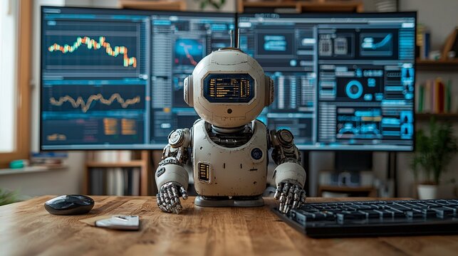 A robotic system backtesting complex financial scenarios for strategy enhancement Stock Photo with side copy space