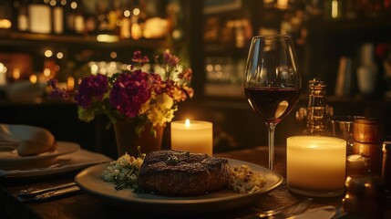 Romantic Valentine's Dinner Closeup Steak Wine and Candles Cozy Restaurant Food Photography Intimate Setting