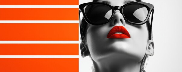 Stylish woman with bold red lipstick and sunglasses on poster