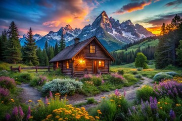 Fototapeta premium Serene Low Light Photography of a Rustic Cabin Nestled in a Lush Valley Surrounded by Majestic Mountains at Dusk with Stars Beginning to Appear in the Night Sky