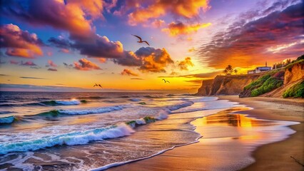 Fototapeta premium Serene Marine Street Beach Sunset: A Peaceful Coastal Landscape with Gentle Waves, Soft Sand, and Vibrant Skies, Perfect for Relaxation and Nature Lovers' Inspiration