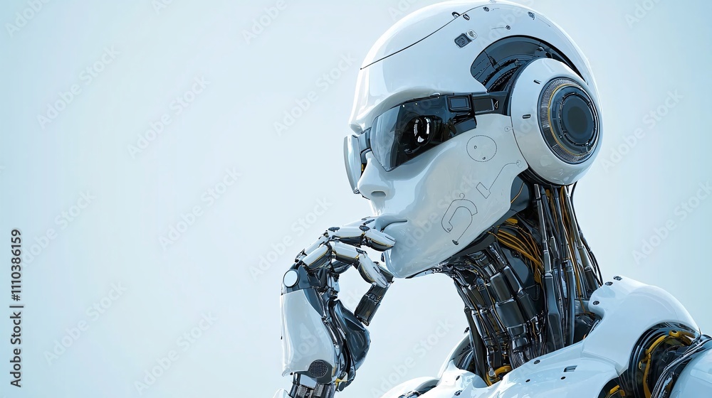 Poster A robotic assistant utilizing AI-driven risk management for optimal portfolio handling Stock Photo with side copy space