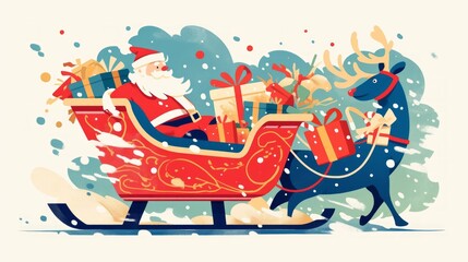 Naklejka premium A festive illustration of Santa Claus in a sleigh, pulled by a reindeer, surrounded by gifts.