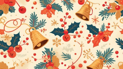 A festive pattern featuring bells, holly, and berries, ideal for holiday-themed designs.