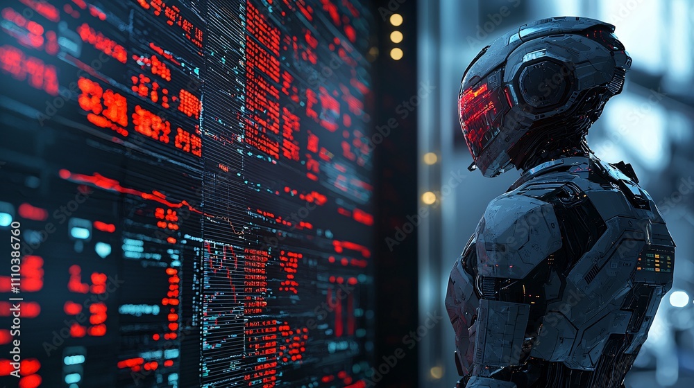 Poster a robotic assistant analyzing live market trends for actionable trading strategies stock photo with 