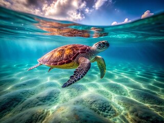Obraz premium Serene Minimalist Sea Turtle Swimming in Crystal Clear Waters, Capturing the Essence of Marine Life and Conservation in a Tranquil Underwater Setting for Nature Lovers