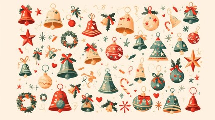 A festive pattern featuring Christmas decorations like bells, ornaments, trees, and stars.