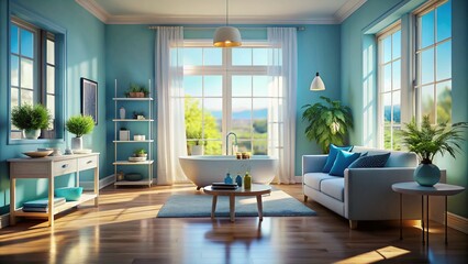 Fototapeta premium Serene Modern Room with Blue Window Light Creating a Calming Atmosphere in a Contemporary Interior Design Setting