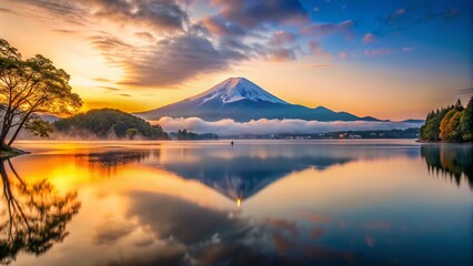 Fototapeta premium Serene Morning Sunrise Over Lake Kawaguchiko with Majestic Mountains in Japan Captured in Long Exposure, Tranquil Landscape Perfect for Nature Lovers and Travel Enthusiasts